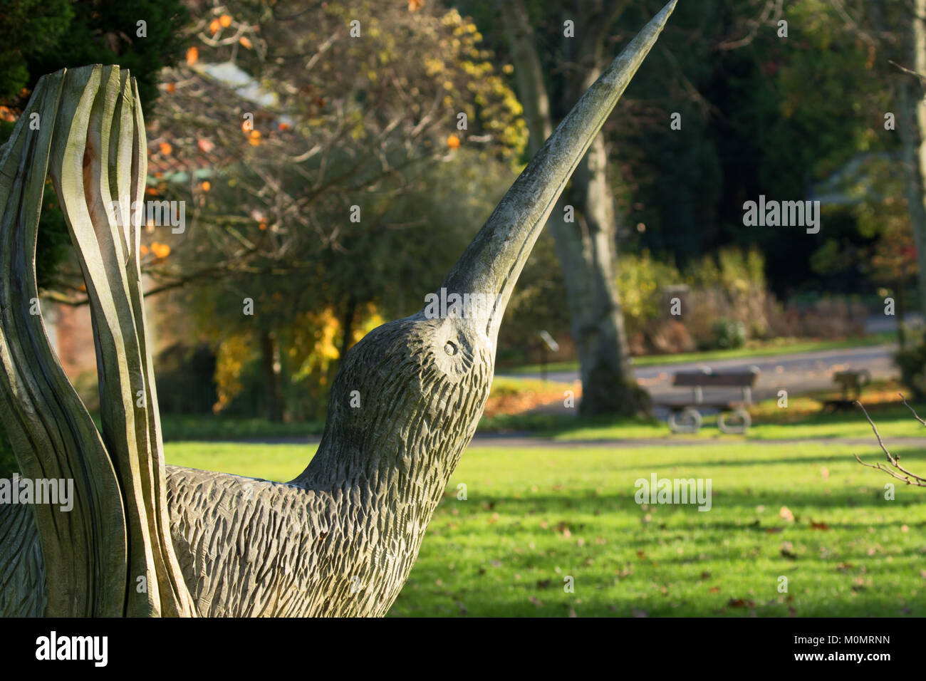 Carving Maori di Kiwi in th Valley Gardens,Harrogate,North Yorkshire, Inghilterra, Regno Unito. Foto Stock