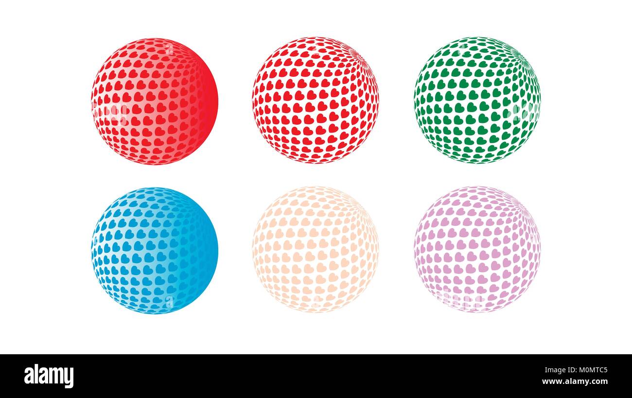 Set di multi-palle colorate. Una sfera realizzata in un gran numero di carte di cuori Illustrazione Vettoriale