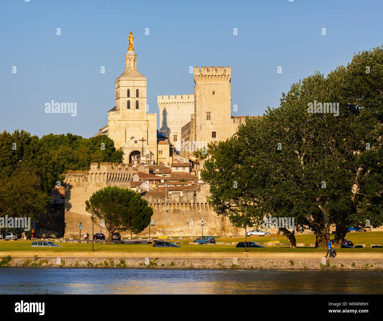 Avignone, Provence-Alpes-Côte d'Azur, in Francia. Palais des Papes. Il palazzo dei papi che si vede attraverso il fiume Rodano. Il centro storico di Avignone è un Foto Stock
