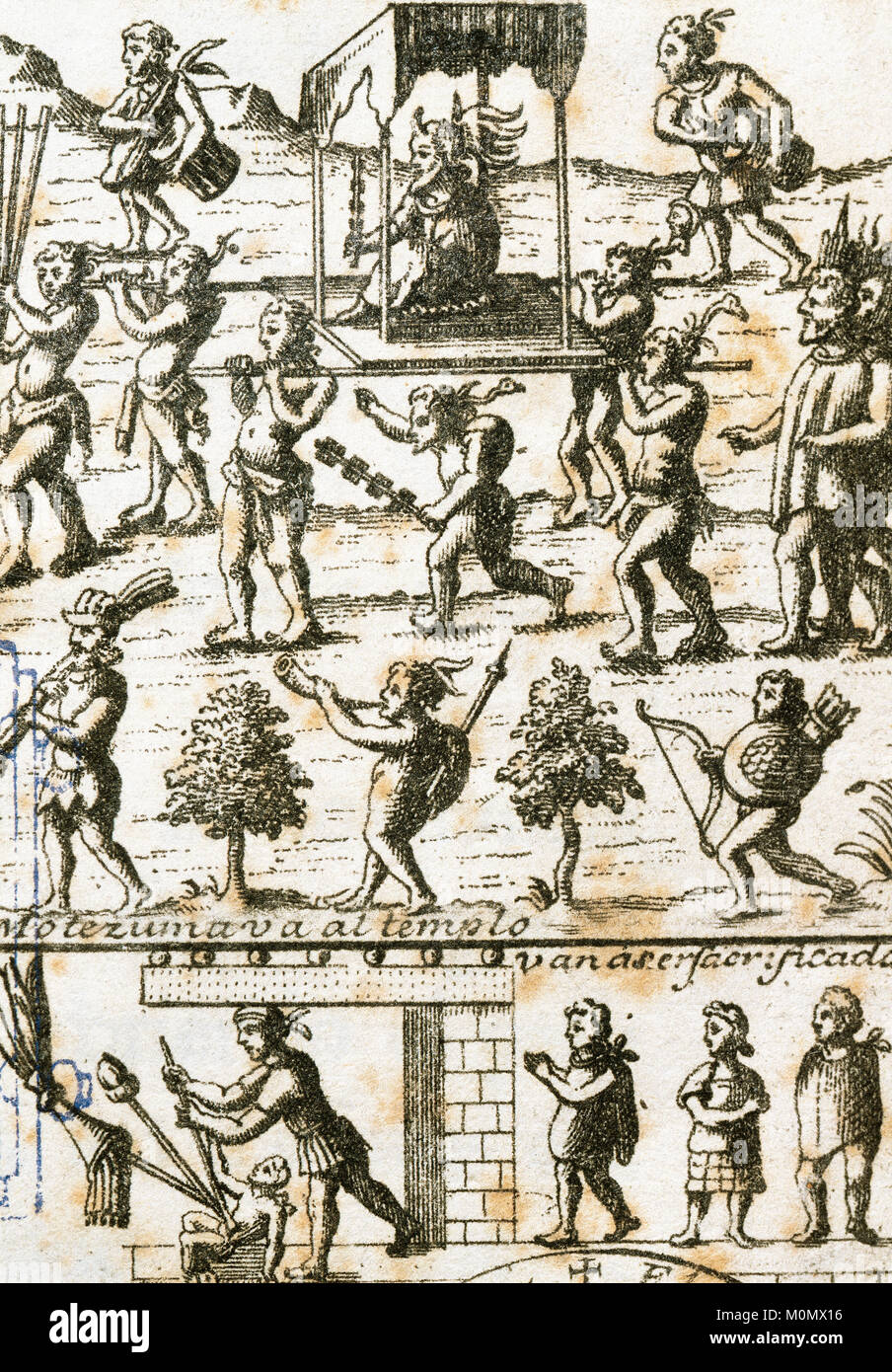 Moctezuma II (c. 1466-1520). Nona tlatoani di Tenochtitlan, che regna dal 1502 al 1520. Moctezuma va al tempio circondato da fanciulle vergini che stanno per essere sacrificata agli dèi. Quinta lettera di Hernan Cortes all'imperatore Carlo V. Il 3 settembre 1526. Incisione, 1726. Foto Stock