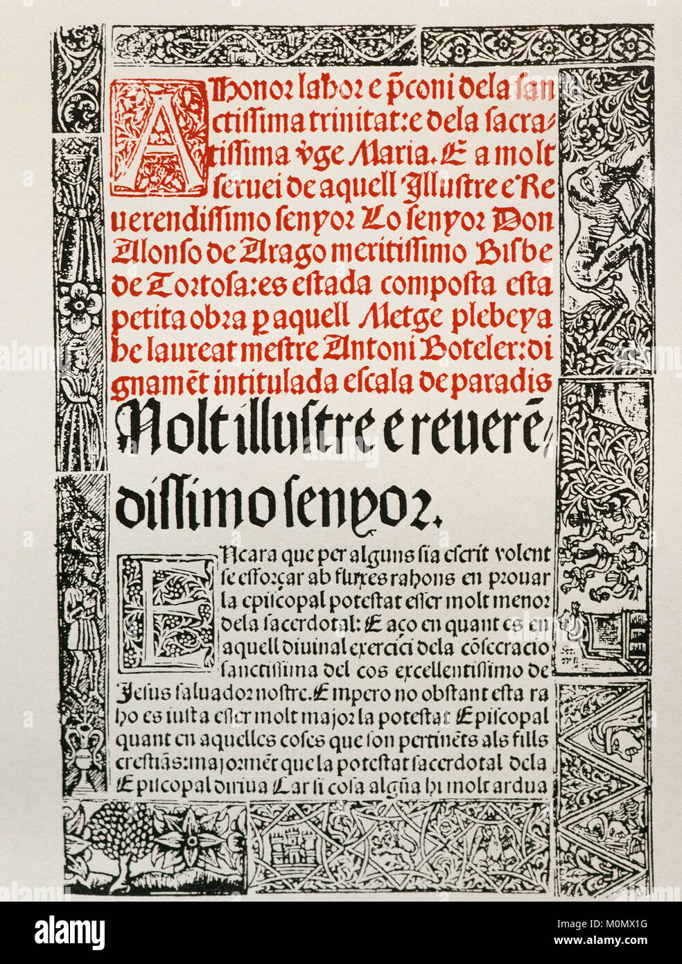 Letteratura catalana. Xv secolo. Antoni Boteler Boteller o. Scrittore e medico catalano, probabilmente da Tortosa. 'Escala de Paradis". Lavoro ascetico. Coperchio. Edizione in Barcellona da Juan Rosemback nel 1495. Incunaboli. Incisione. Foto Stock