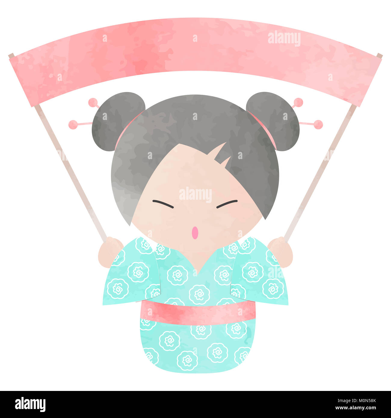 KOKESHI DOLL con banner in effetto acquerello Foto Stock