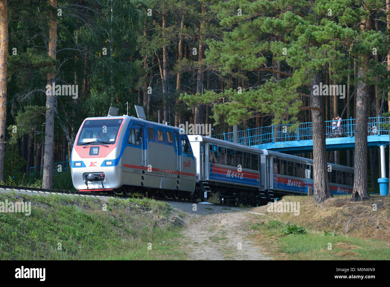 Novosibirsk, Russia - Agosto 20, 2014: treno sul percorso attraverso la foresta di pini sulla ferrovia per bambini. Costruito nel 2005 per circa $ 9 milioni, è Foto Stock