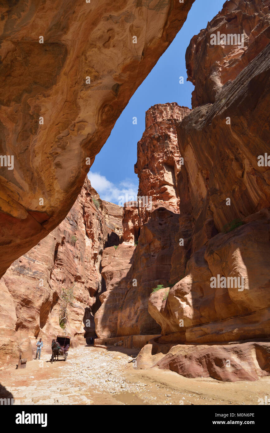 Petra, Giordania - Marzo 15, 2014: turistici e le due ruote di trasporto nel Siq, il canyon di Petra. Dal 1985, Petra è elencato come patrimonio mondiale Heri Foto Stock