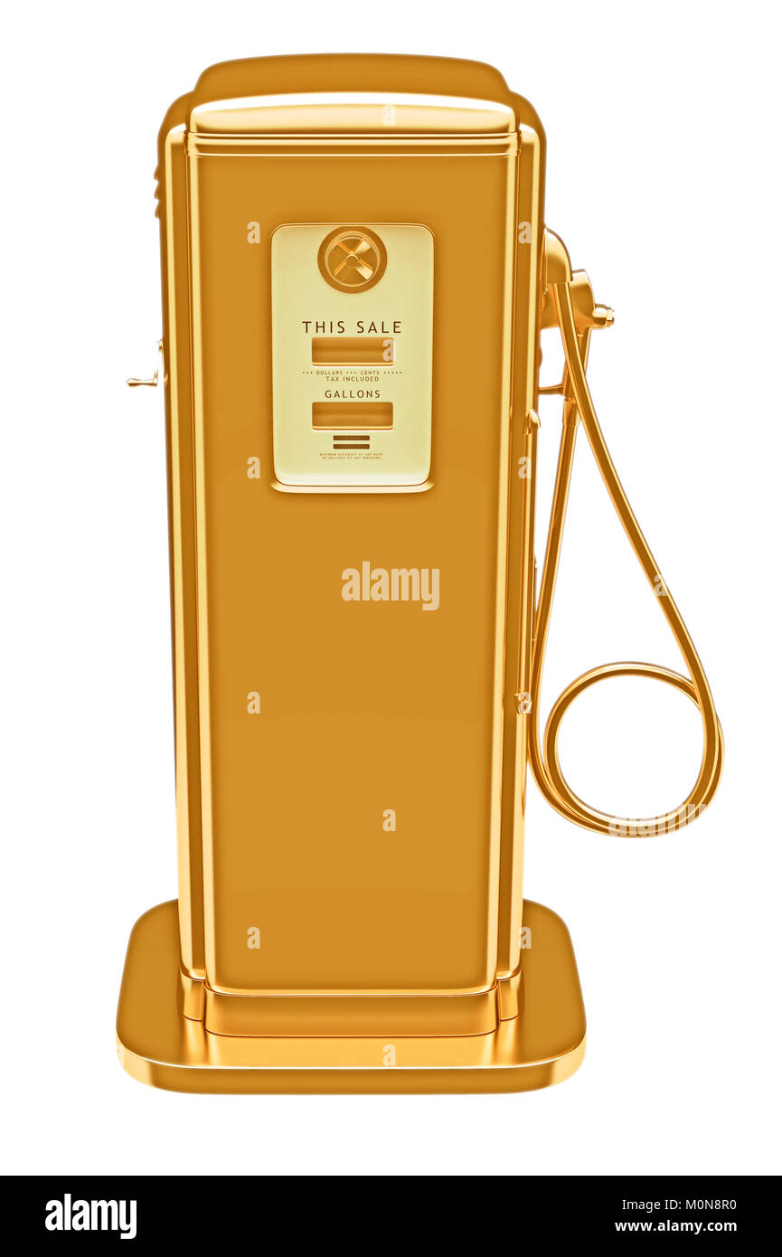 Prezioso combustibile: golden gas pompa isolato su bianco. Risoluzione di grandi dimensioni Foto Stock