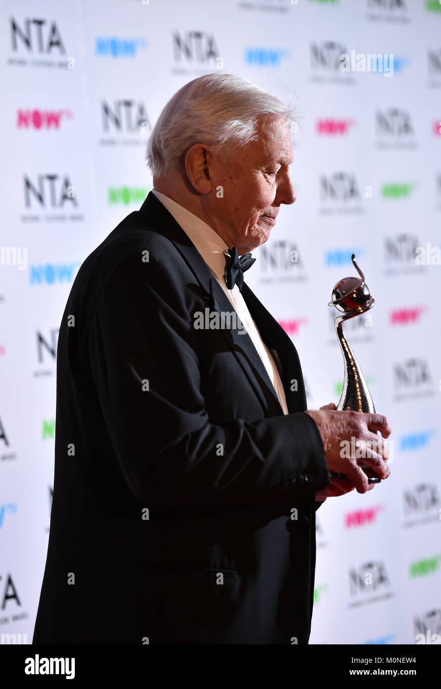 Sir David Attenborough con questo anno di Impact Award per il pianeta blu 2 presso il National Television Awards 2018 tenutasi presso l'O2 Arena, Londra. Stampa foto di associazione. Picture Data: martedì 23 gennaio, 2018. Vedere PA storia SHOWBIZ NTAs. Foto di credito dovrebbe leggere: Matt STANLEY A. CROSSICK/PA FILO Foto Stock