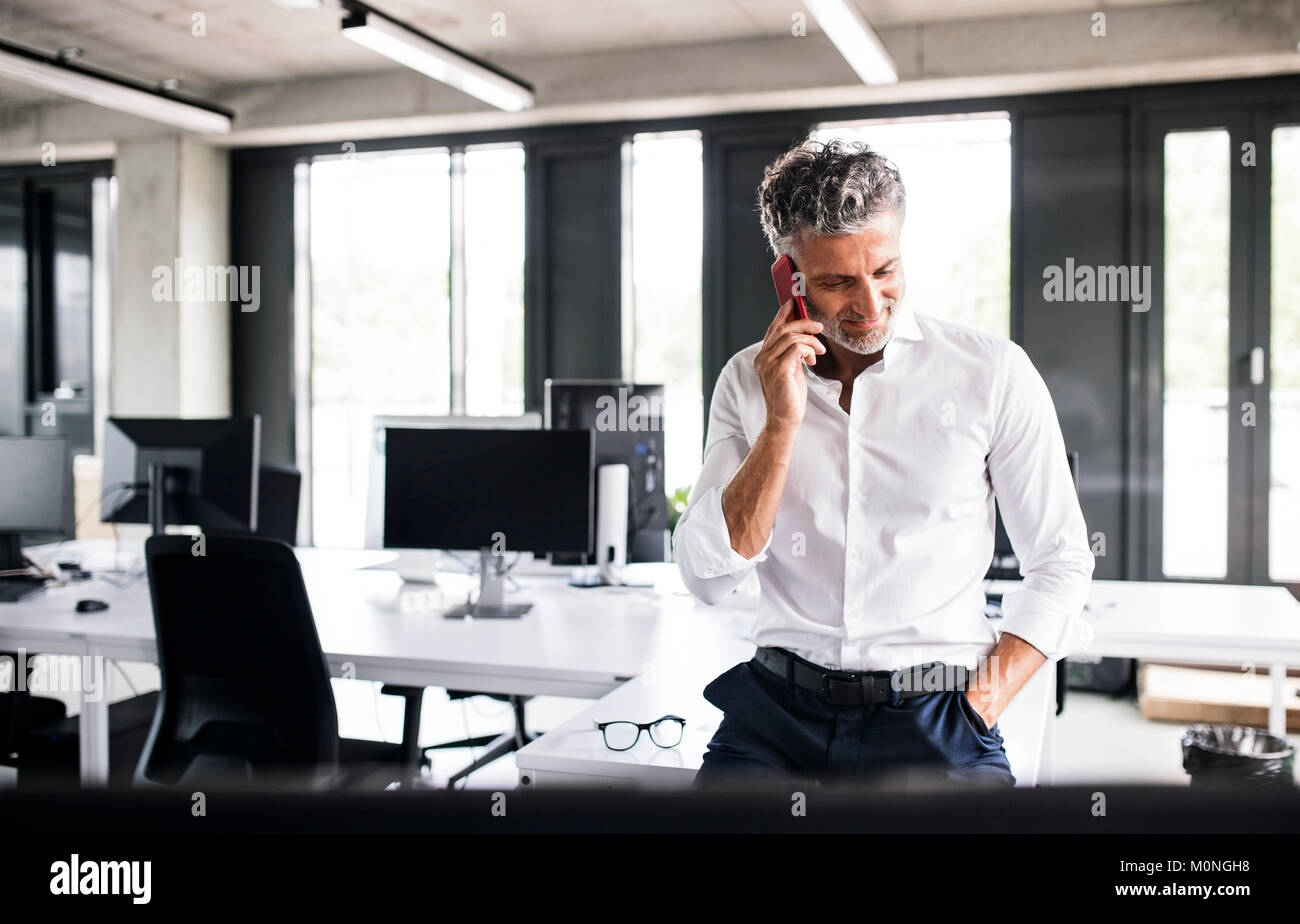 Imprenditore maturo sul telefono cellulare in ufficio Foto Stock