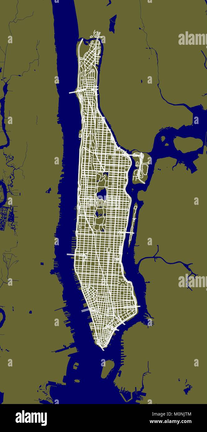 Frammento di New York City mappa di contorno con strade di Manhattan. Illustrazione Vettoriale