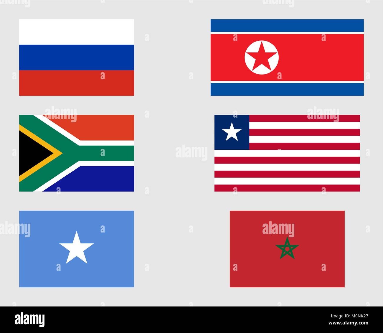 Russo, Corea del Nord, Sud Africani, Liberiano somali e bandiere marocchine. Illustrazione Vettoriale