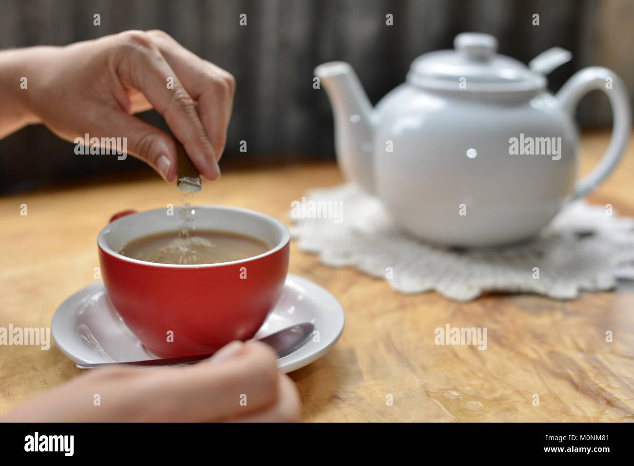 Cristalli di zucchero che viene aggiunto al tè con latte, Herveys patrimonio di gamma camere di tè, Thornton Gap Road, Hervey gamma, Queensland, Australia Foto Stock