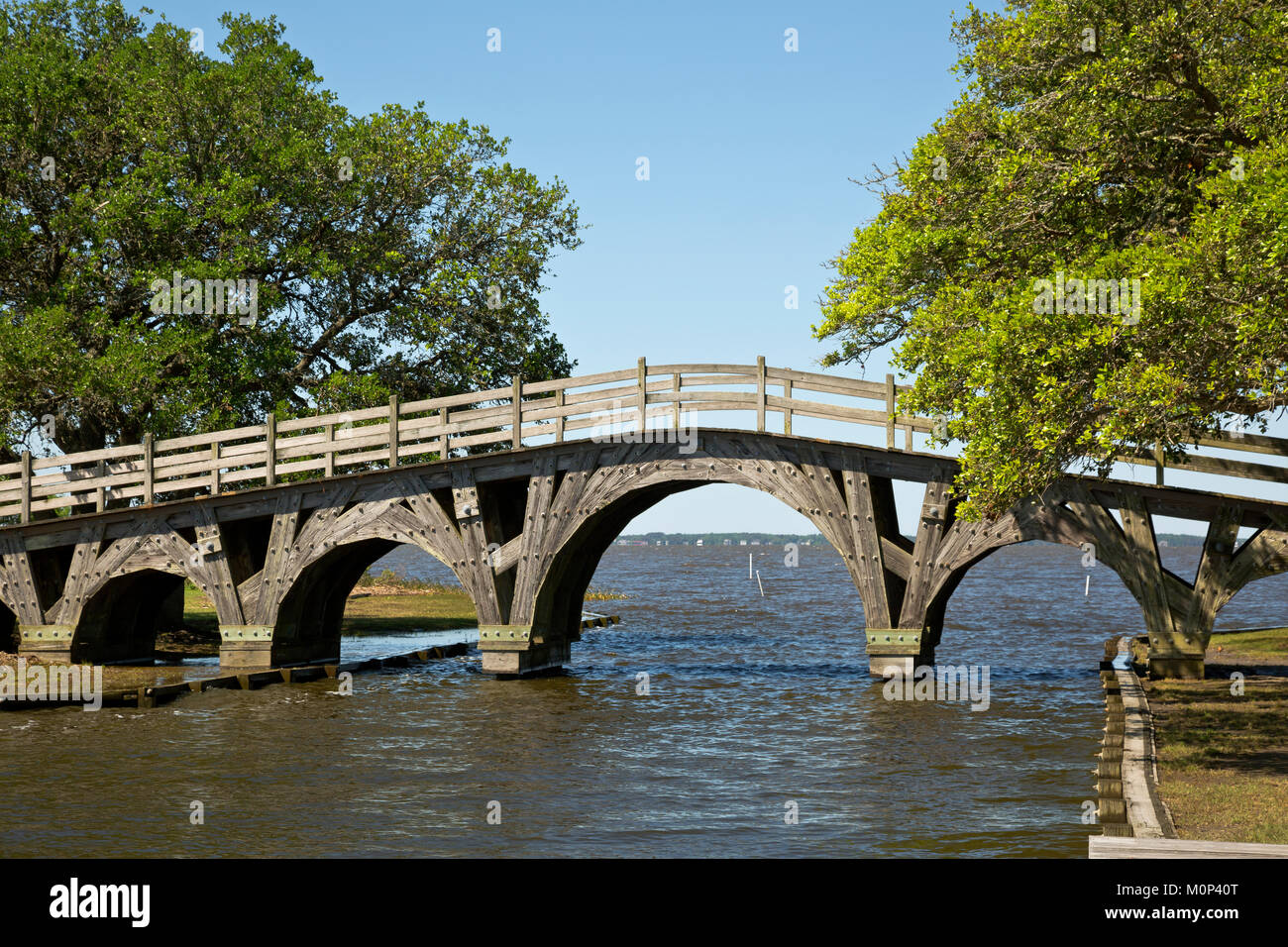 NC01404-00...North Carolina - Suono Currituck vista attraverso l'arco alla base dello storico ponte pedonale presso il Club Whalehead sul Outer Banks Foto Stock