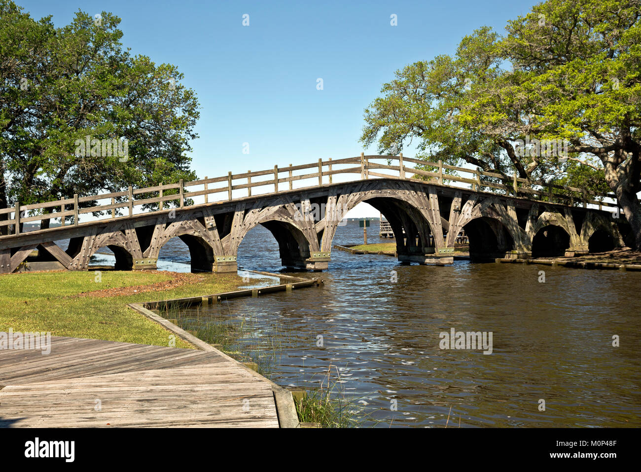 NC01404-00...North Carolina - Suono Currituck vista attraverso l'arco alla base dello storico ponte pedonale presso il Club Whalehead sul Outer Banks Foto Stock