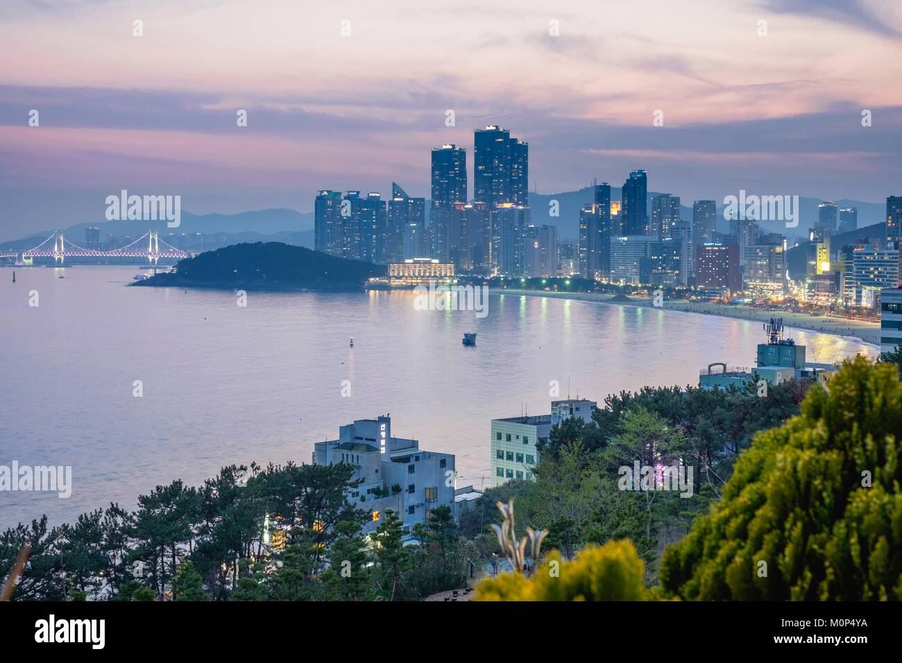 Corea del sud, sud Gyeongsang provincia,Busan,quartiere Haeundae,spiaggia Haeundae al crepuscolo Foto Stock