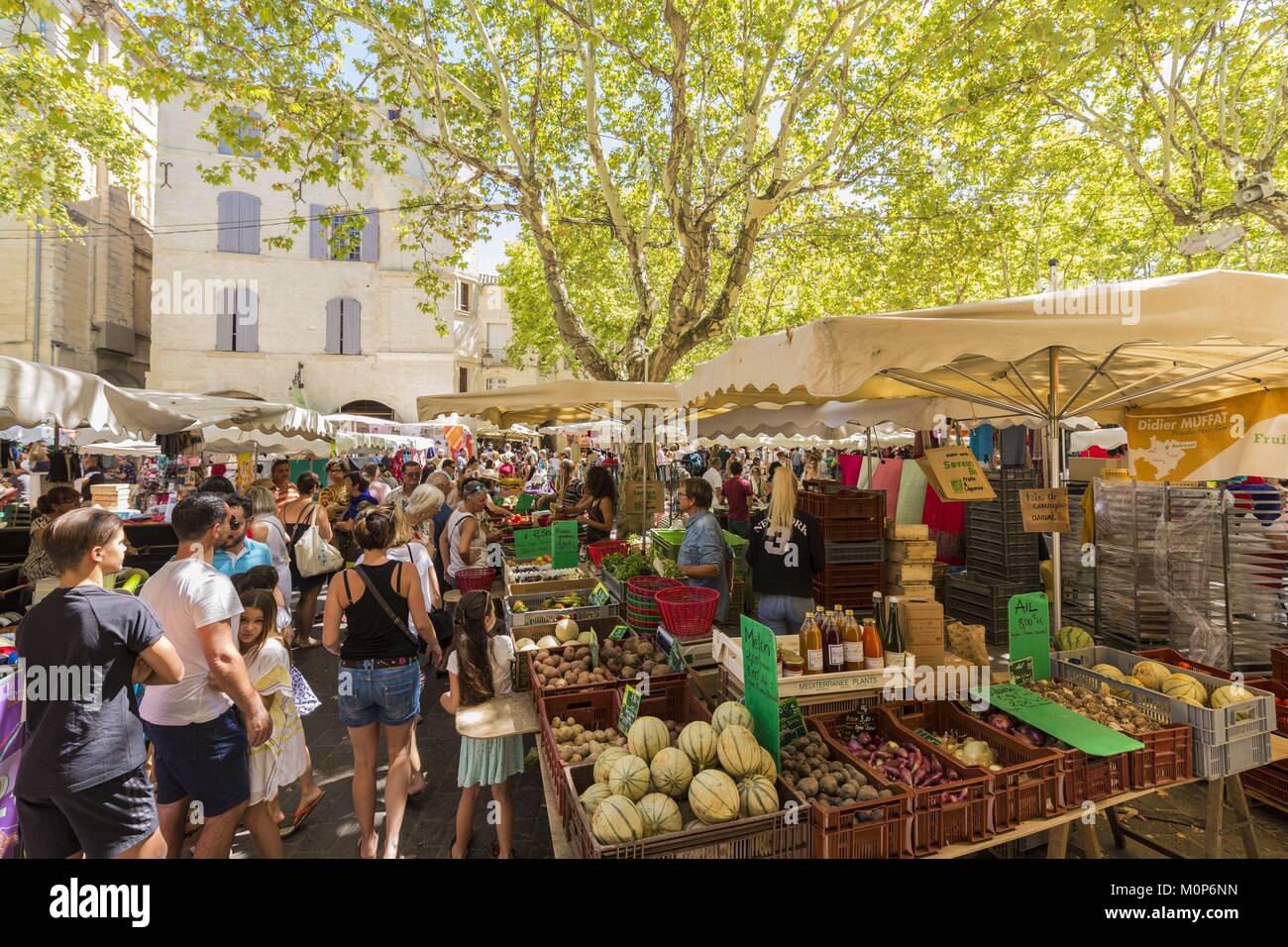 Francia,Gard,Pays d'Uzege,Uzes,giorno di mercato sulla Place aux Herbes Foto Stock