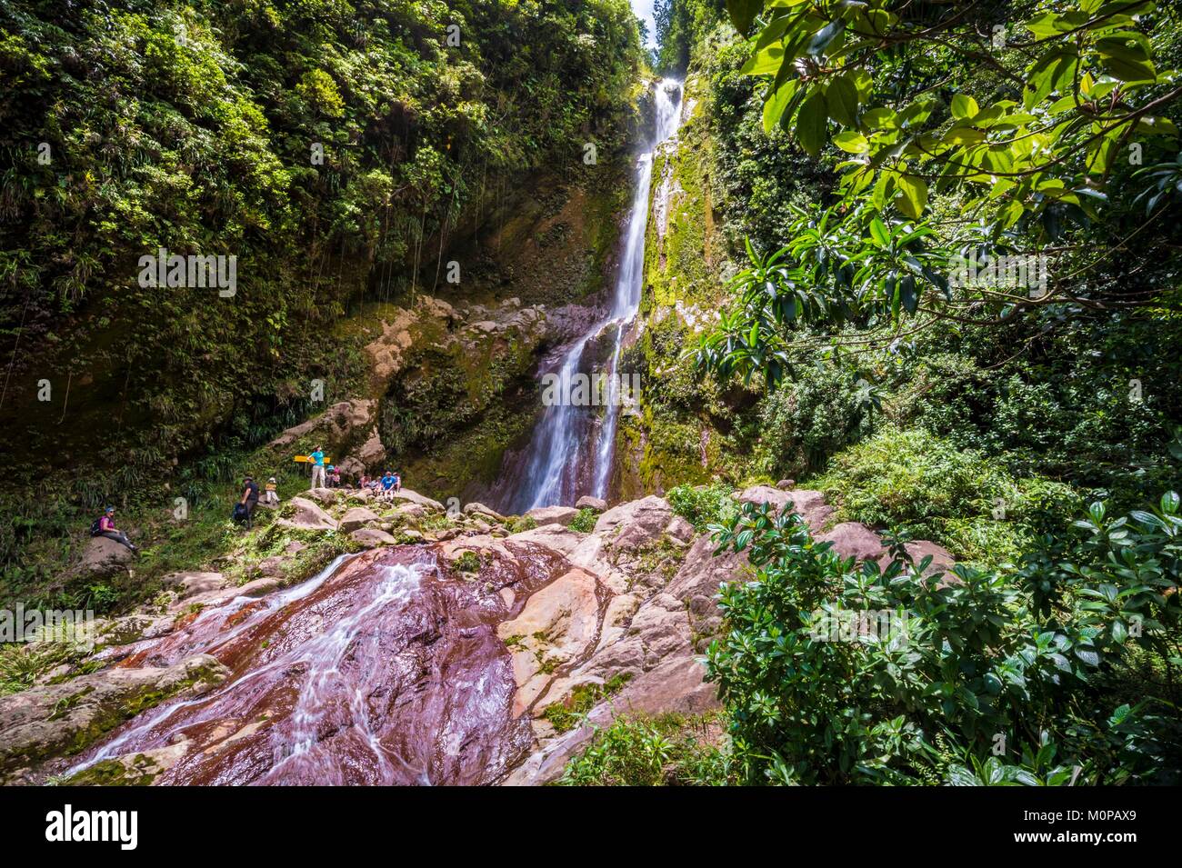 Francia,caraibi,Piccole Antille,Guadalupa,Basse-Terre,Guadalupa Parco Nazionale,Saint-Claude,famiglia al piede del Galion caduta (40 m) Foto Stock