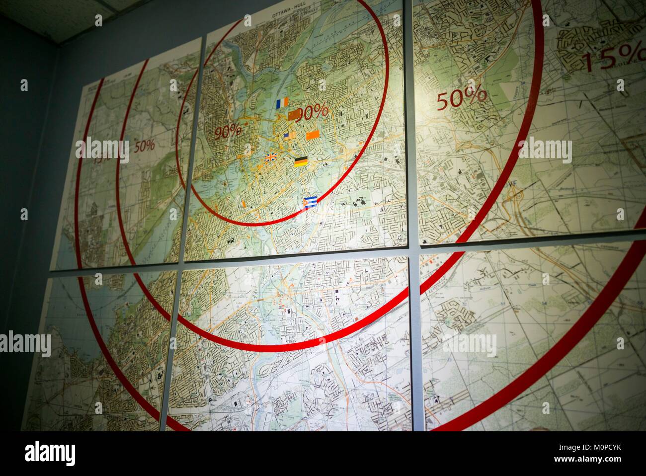 Canada,Ontario,Carp,l'Diefenbunker,canadese Guerra Fredda museo nel bunker sotterraneo,mappa mostrando nuclear blast distruzione della zona di Ottawa Foto Stock