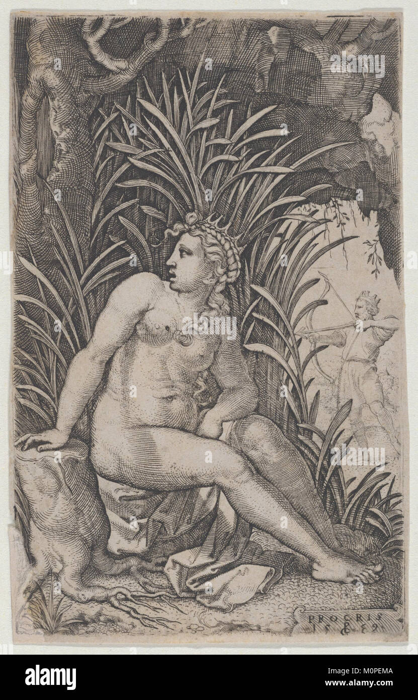 "Cephalus and Procris" è un'incisione creata dall'artista tedesco Georg Pencz nel 1539. La stampa fa parte della serie "The Greek Heroines" e misura 4 3/4 Ã - 3 1/16 pollici. Esso raffigura la tragica storia mitologica di Cefalo e Procris dalle Metamorfosi di Ovidio. Foto Stock