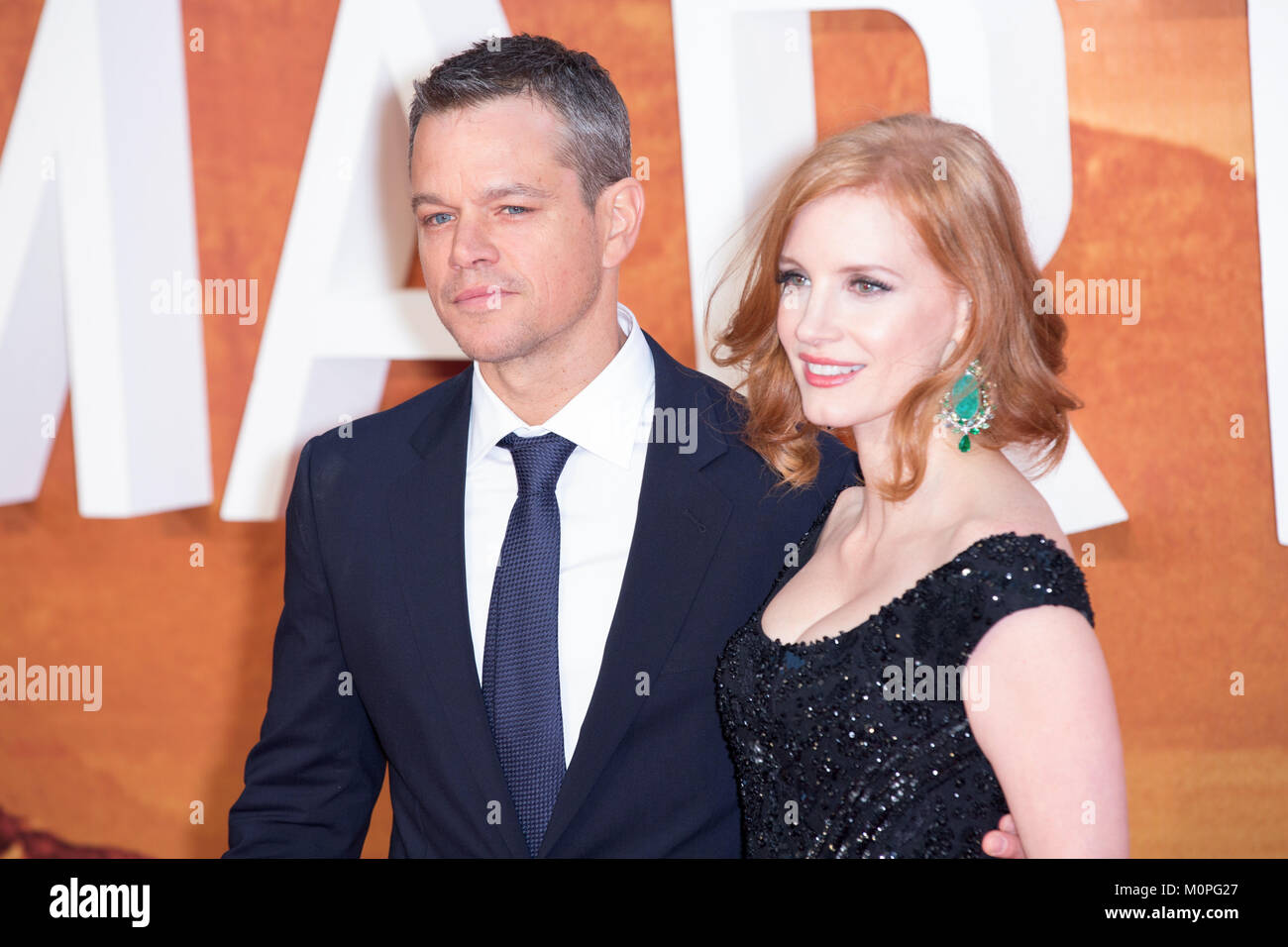 Londra, UK, 24 settembre 2015, Jessica Chastain,Matt Damon, Premiere Europeo di 'Il marziano' all'Odeon Leicester Square. Mariusz Goslicki/Alamy Foto Stock