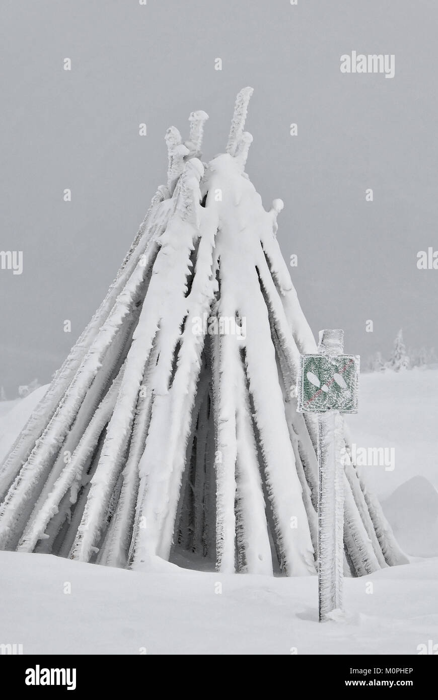 Nessun segno di passaggio nella parte anteriore dei pali di legno ricoperta di ghiaccio e neve Foto Stock