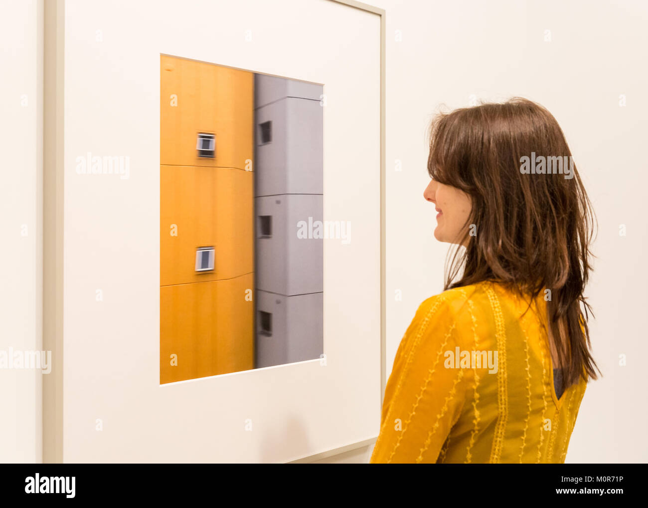 Southbank, Londra, Regno Unito. 24 gen 2018. Una donna guarda a 'Mobile No.3'. Dopo due anni di rinnovo, la Hayward Gallery riapre con la prima grande retrospettiva del Regno Unito del lavoro di acclamato fotografo tedesco Andreas Gursky. Gursky è noto per le grandi immagini e spesso mostra i siti e le scene della economia globale e della vita contemporanea, egli è ampiamente considerato come uno dei fotografi più significativi del nostro tempo. Credito: Imageplotter News e sport/Alamy Live News Foto Stock