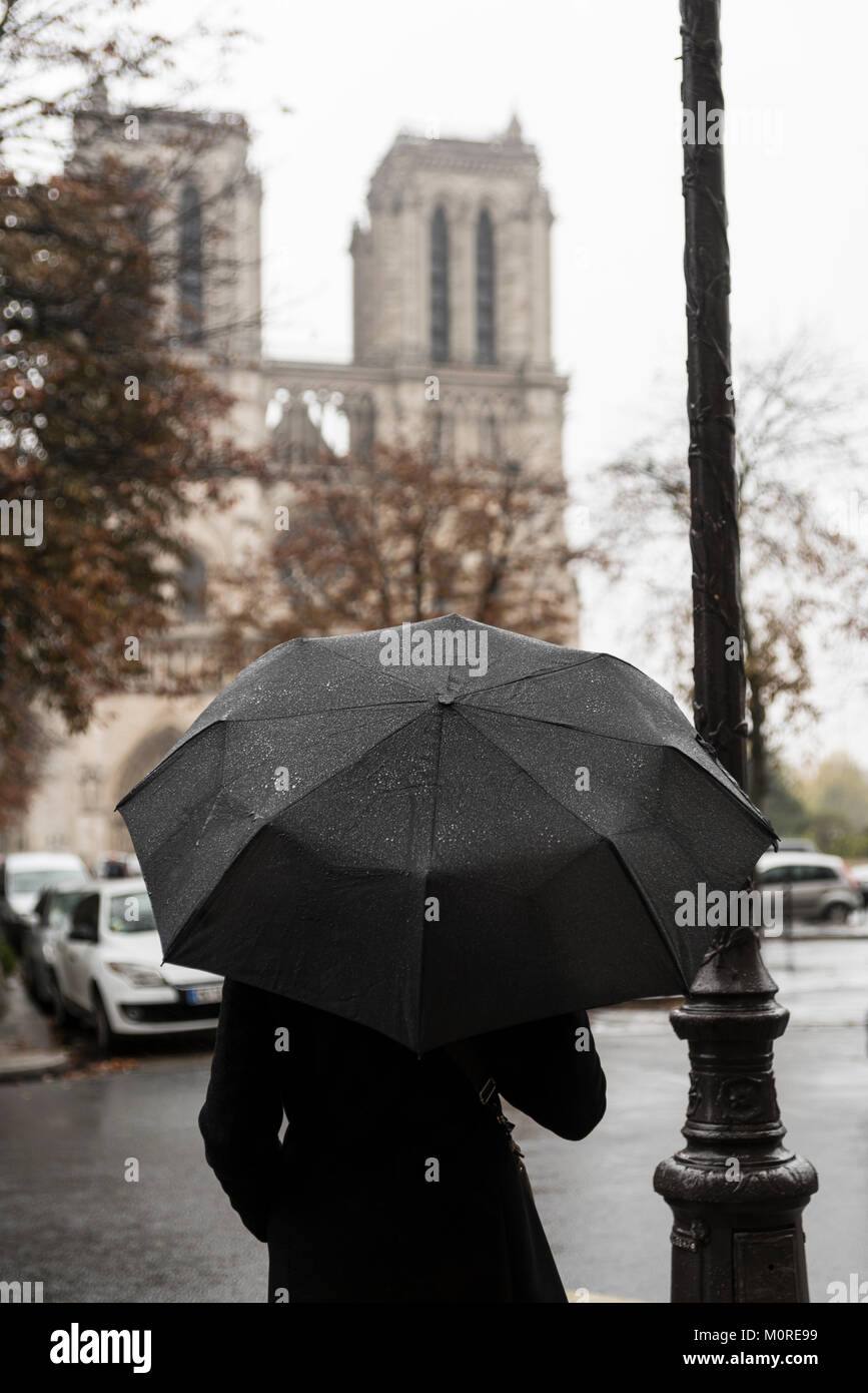 Francia, Parigi, donna con ombrello davanti alla Cattedrale di Notre Dame de Paris Foto Stock