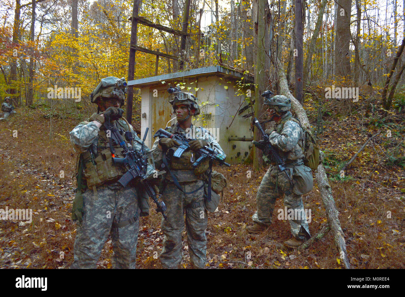 Leader con il 2° Brigata Team di combattimento, 101st Airborne Division (Air Assault) condurre un controllo radio prima di un assalto il 4 novembre 2017 durante la brigata per la settimana a campo lungo esercizio. Dopo la rampa fino alla formazione per gli ultimi cinque mesi, la 'Strike' brigata affrontato un esercizio culminante che includeva una brigata-size air assault, organizzando una posizione difensiva e la manovra di un attacco. ( Foto Stock