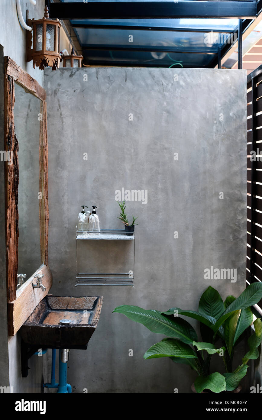 Home decor e dettagli di un piccolo hotel boutique con bagno con piante e muro grigio. Copia dello spazio. Foto Stock