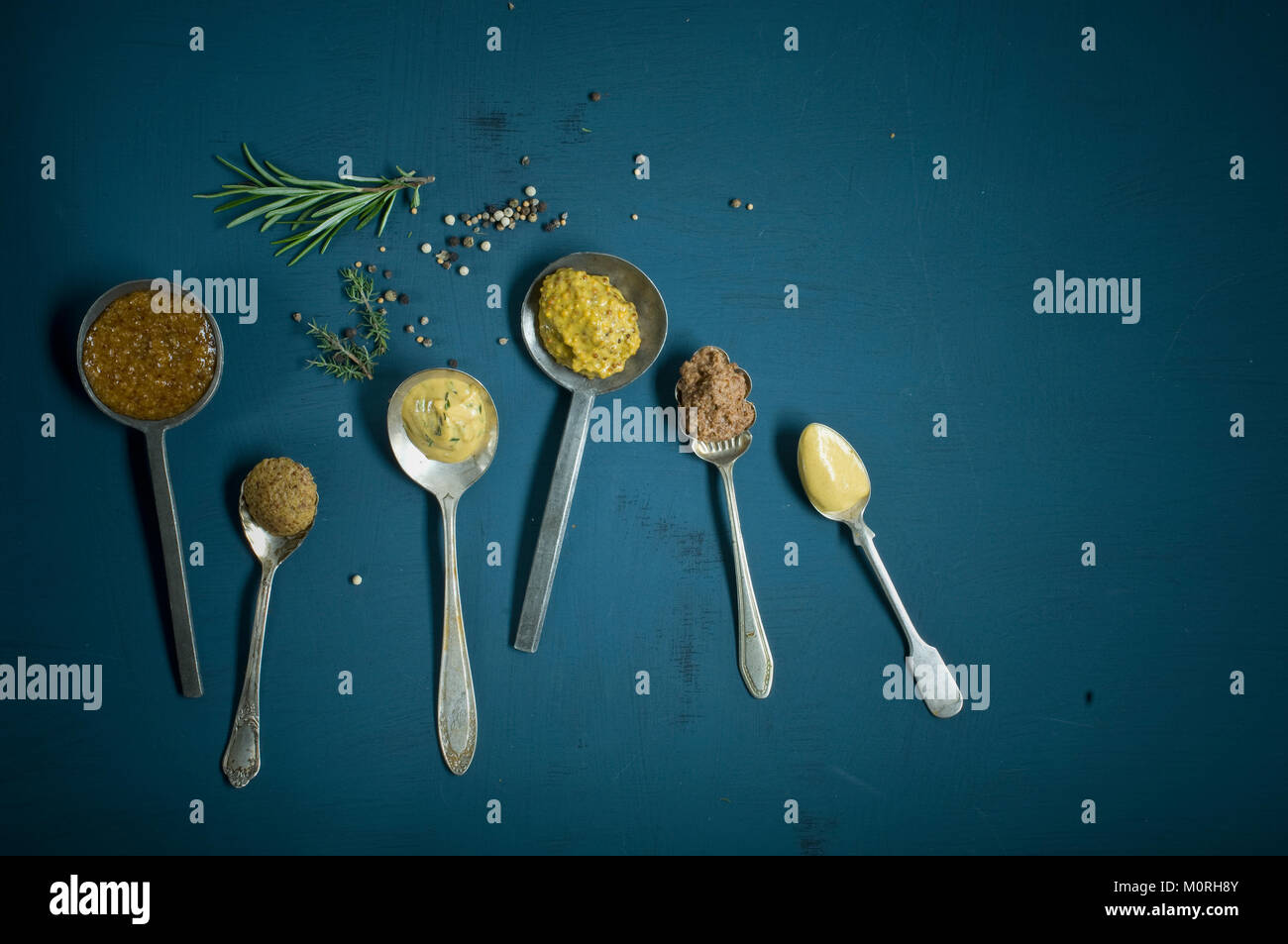 In casa la senape, diversi tipi sul cucchiaio, miele, mostarda senape dolce, vino rosso senape, erbe, di senapa Senapa sgranate, senape calda Foto Stock