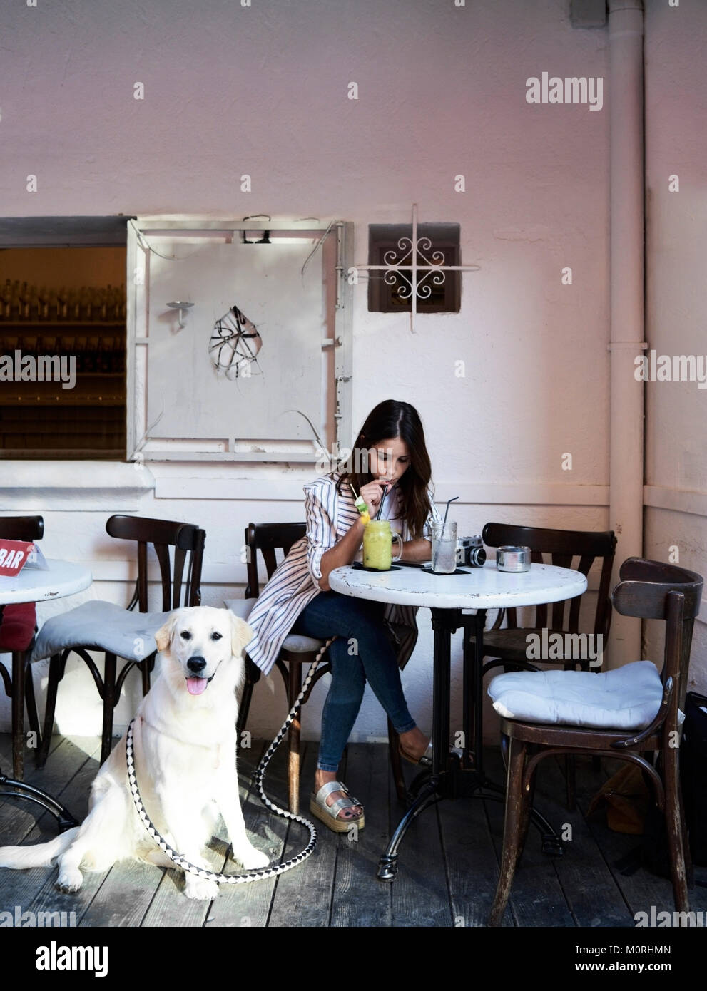 Bruna ragazza frullato da bere in un bar con Golden cane sitted sul pavimento. Foto Stock