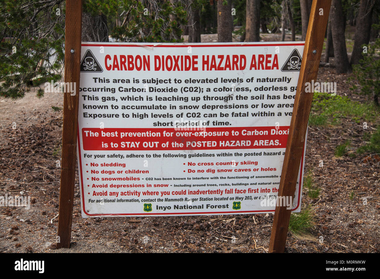 Il biossido di carbonio Area di Pericolo cartello segnaletico. Gli alberi morti intorno al lago a ferro di cavallo. Superiore al normale delle concentrazioni di CO2 sono responsabili per l'uccisione di circa Foto Stock