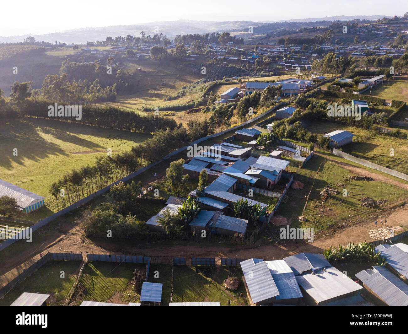 Vista aerea del villaggio nelle Highlands di Etiopia Foto Stock