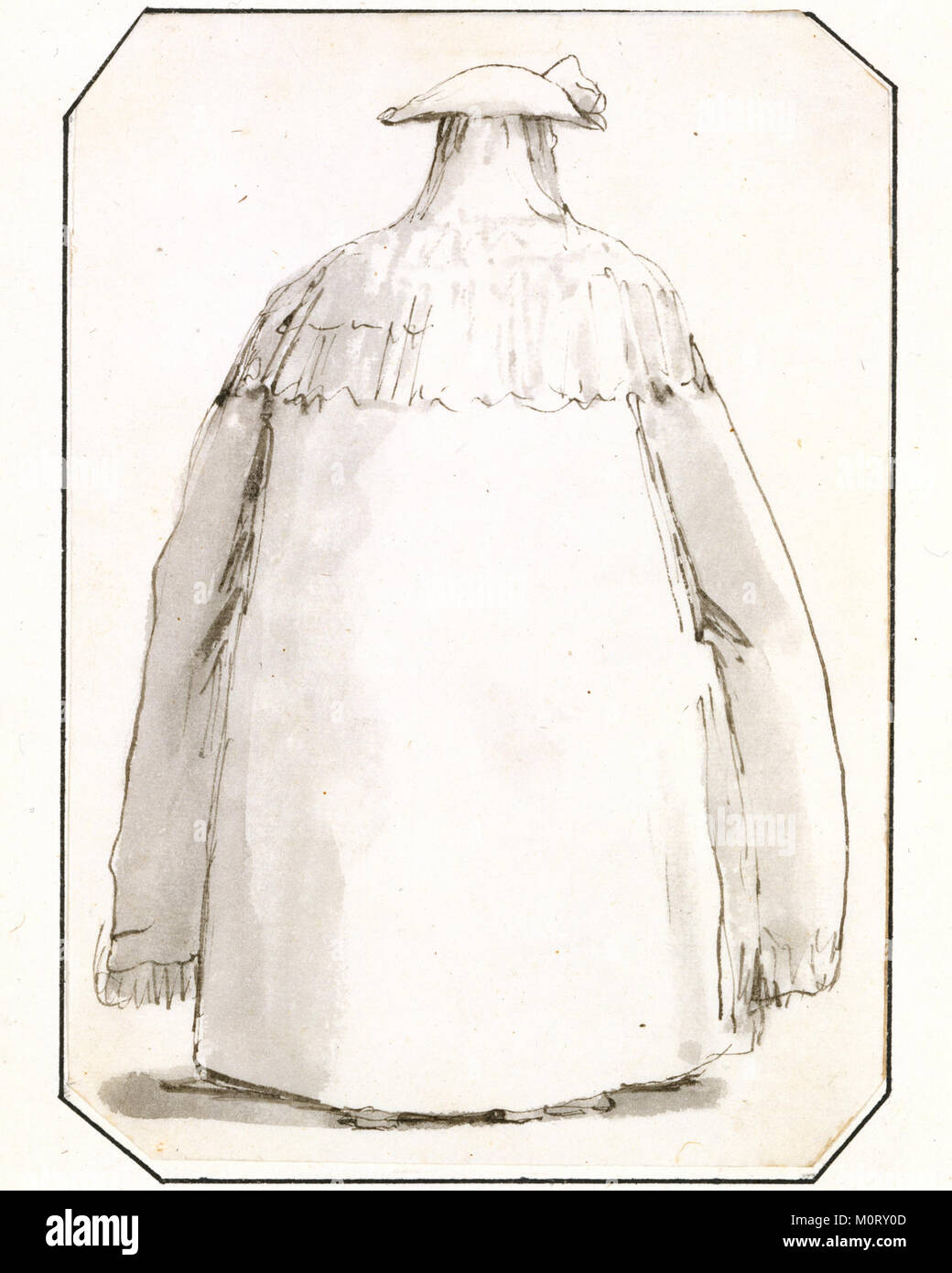 Questa caricatura mostra una figura che indossa un lungo mantello e un cappello tricorne. L'illustrazione fornisce una rappresentazione satirica dell'aspetto del soggetto, riflettendo una rappresentazione umoristica o esagerata della persona. Foto Stock