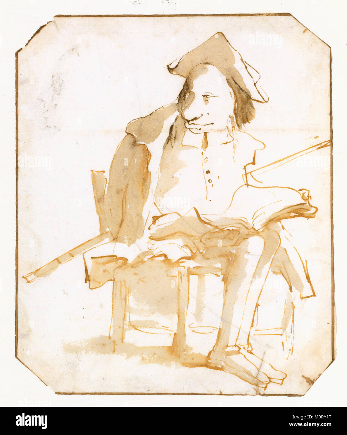 Una caricatura raffigurante un uomo seduto con un libro e un bastone, alloggiato presso il MET. L'immagine mostra la rappresentazione umoristica del soggetto dell'artista, evidenziando le caratteristiche esagerate. Foto Stock