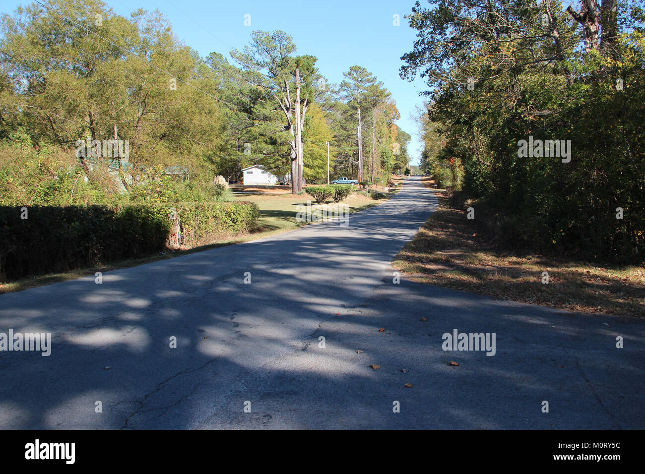 Center Point Road a Noble, Georgia, fu catturata nell'ottobre 2016. Questa strada rurale fa parte dell'infrastruttura locale e rappresenta l'ambiente panoramico e guidato dalla comunità dell'areaÂ. Foto Stock