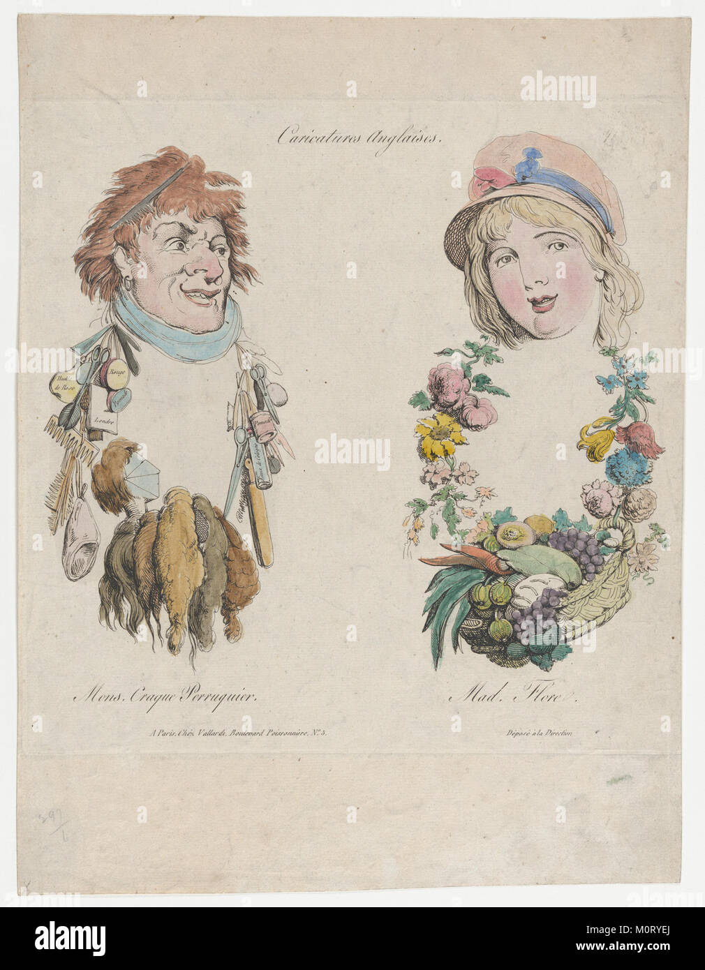 'Caricature Anglaises' presenta i personaggi Monsieur Craque Perruquier e Mademoiselle Flore. Questa caricatura del XVIII secolo, conservata nella collezione MET, raffigura umoristicamente le norme sociali e culturali dell'epoca. Foto Stock