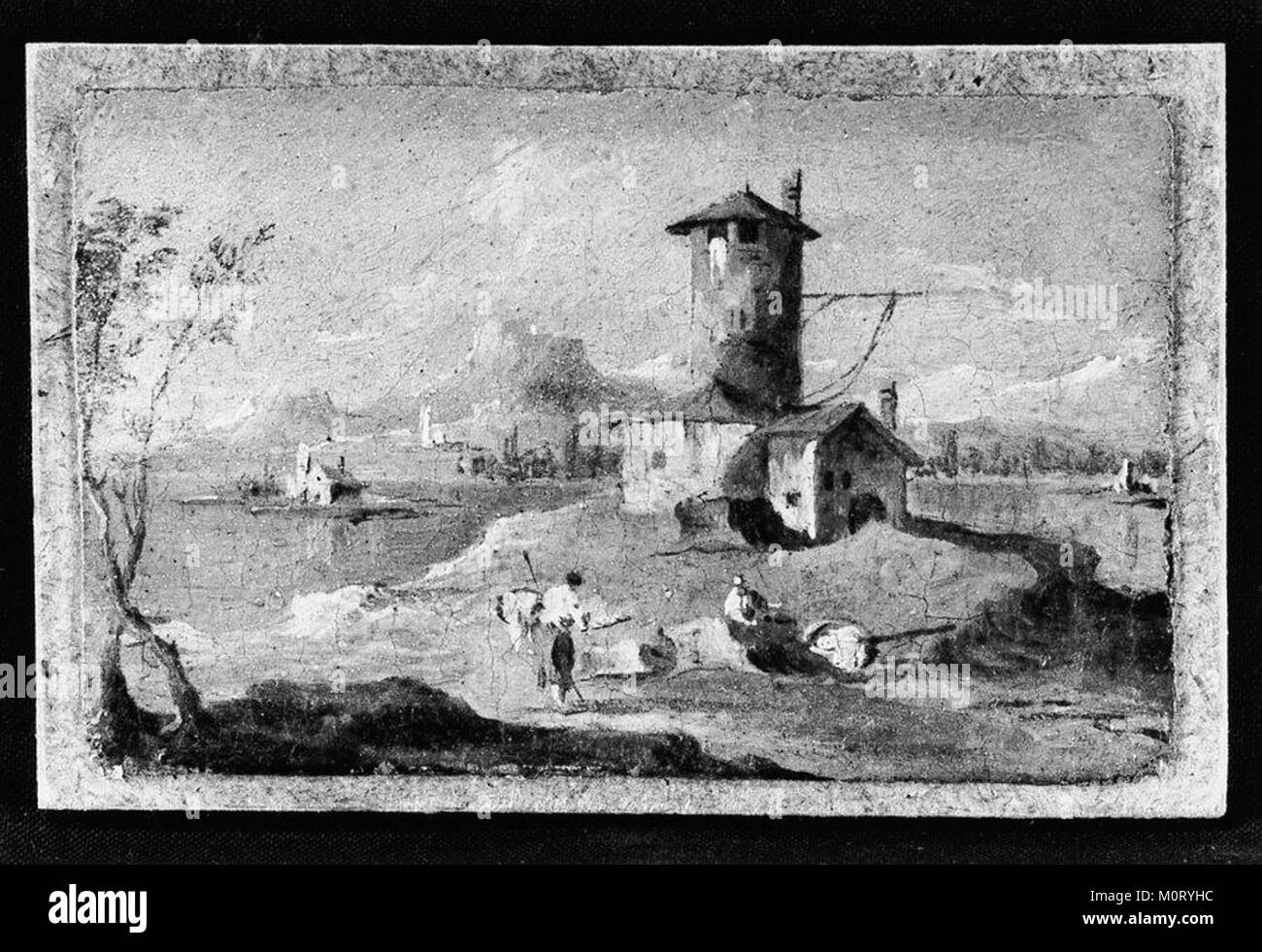 "Capriccio con un'isola, una torre e case" è un dipinto presente nella collezione del Metropolitan Museum of Art, caratterizzato da un paesaggio immaginario con una torre e case. Il pezzo è un esempio di pittura capriccio europea del XVIII secolo, che unisce elementi architettonici a paesaggi naturali. Foto Stock