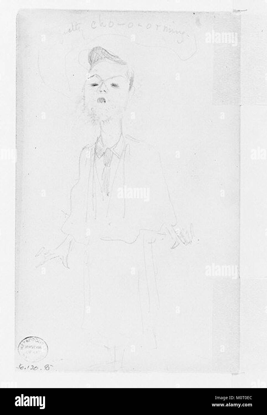 Questa caricatura raffigura una rappresentazione stilizzata di un uomo, concentrandosi su elementi esagerati per creare umorismo e trasmettere un carattere o un tratto di personalità specifico. Foto Stock