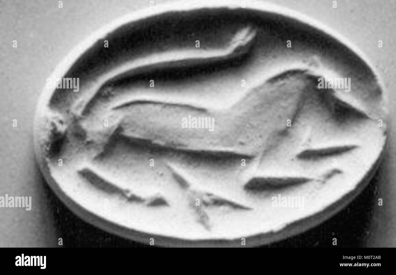 La foca amigdaloide carinata, conservata al Metropolitan Museum of Art, è un ottimo esempio di antichi sigilli mesopotamici utilizzati per scopi personali o amministrativi. Il suo design presenta intricate incisioni tipiche del periodo. Foto Stock