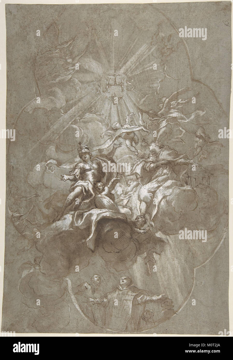 Questa opera d'arte, intitolata "progettazione del soffitto con la glorificazione del nome di Gesù", presenta disegni intricati che evidenziano il sacro nome di Gesù sul recto. Il verso raffigura le figure mitologiche di Aurora e Cefalo, combinando temi religiosi e classici in una composizione unica. Foto Stock