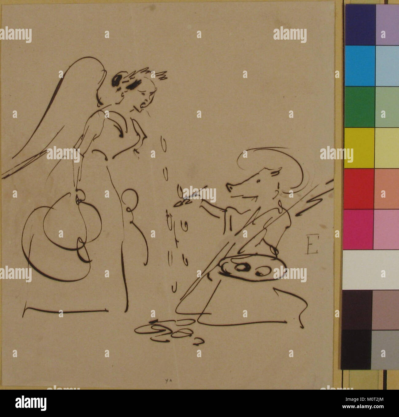 Questa caricatura rappresenta l'arte della pittura, offrendo un'interpretazione umoristica o esagerata della professione o della tecnica pittorica. Si tratta probabilmente di una critica visiva o di un commento sul processo artistico. Foto Stock