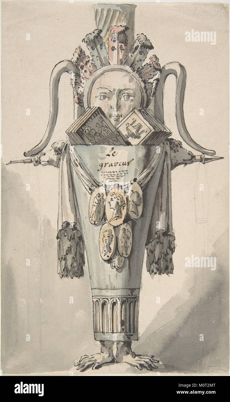 Questa opera, intitolata "caricatura di un incisore", presenta uno schizzo a due lati che mostra sia una caricatura che uno schizzo preliminare, parte della collezione MET. Foto Stock