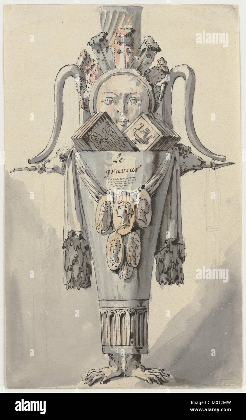 Questo disegno presenta una caricatura di un incisore su un lato e uno schizzo per una caricatura sul retro. Mostra l'esplorazione artistica di tecniche di ritrattistica e caricatura nell'arte storica. Foto Stock