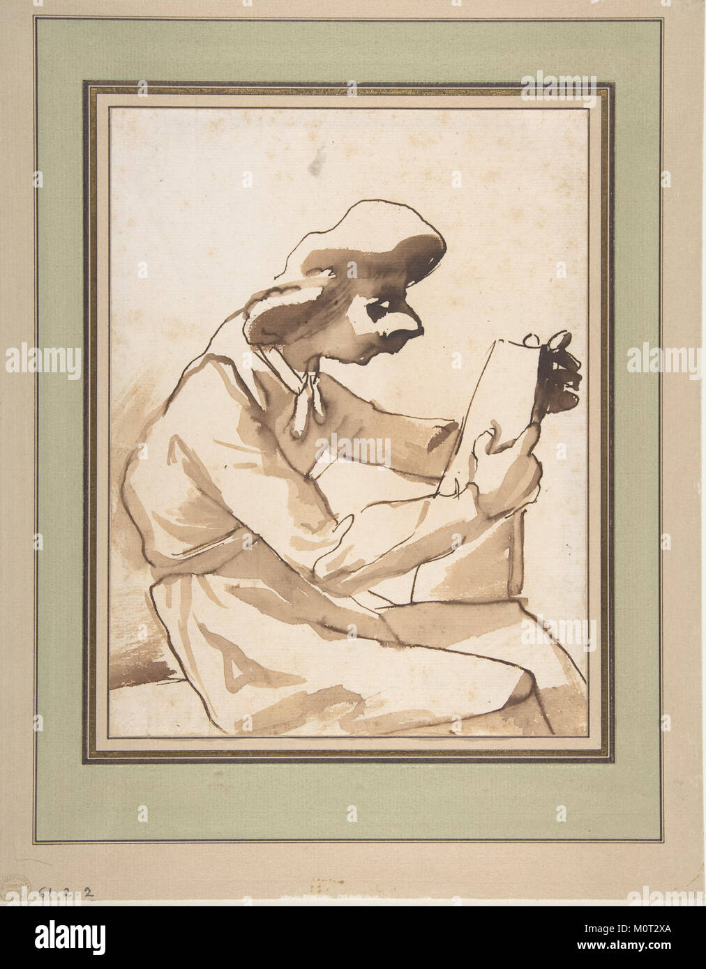 Questa caricatura raffigura un uomo seduto impegnato nella lettura. Le caratteristiche esagerate della figura, segno distintivo dell'arte caricaturale, sottolineano la concentrazione del soggetto e l'atto della lettura. Tali opere d'arte spesso trasmettono tratti di personalità attraverso elementi distorti, creando un ritratto umoristico o satirico. Foto Stock