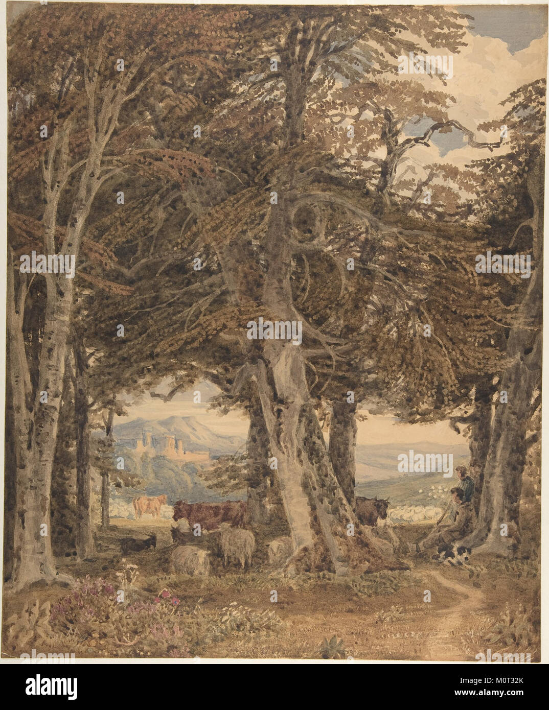 Questa opera d'arte raffigura bestiame e pecore che riposano ai margini di una foresta, catturando la pacifica convivenza tra bestiame e natura. La scena offre uno sguardo sulla vita rurale e sull'armonia tra gli animali e il loro ambiente. Foto Stock