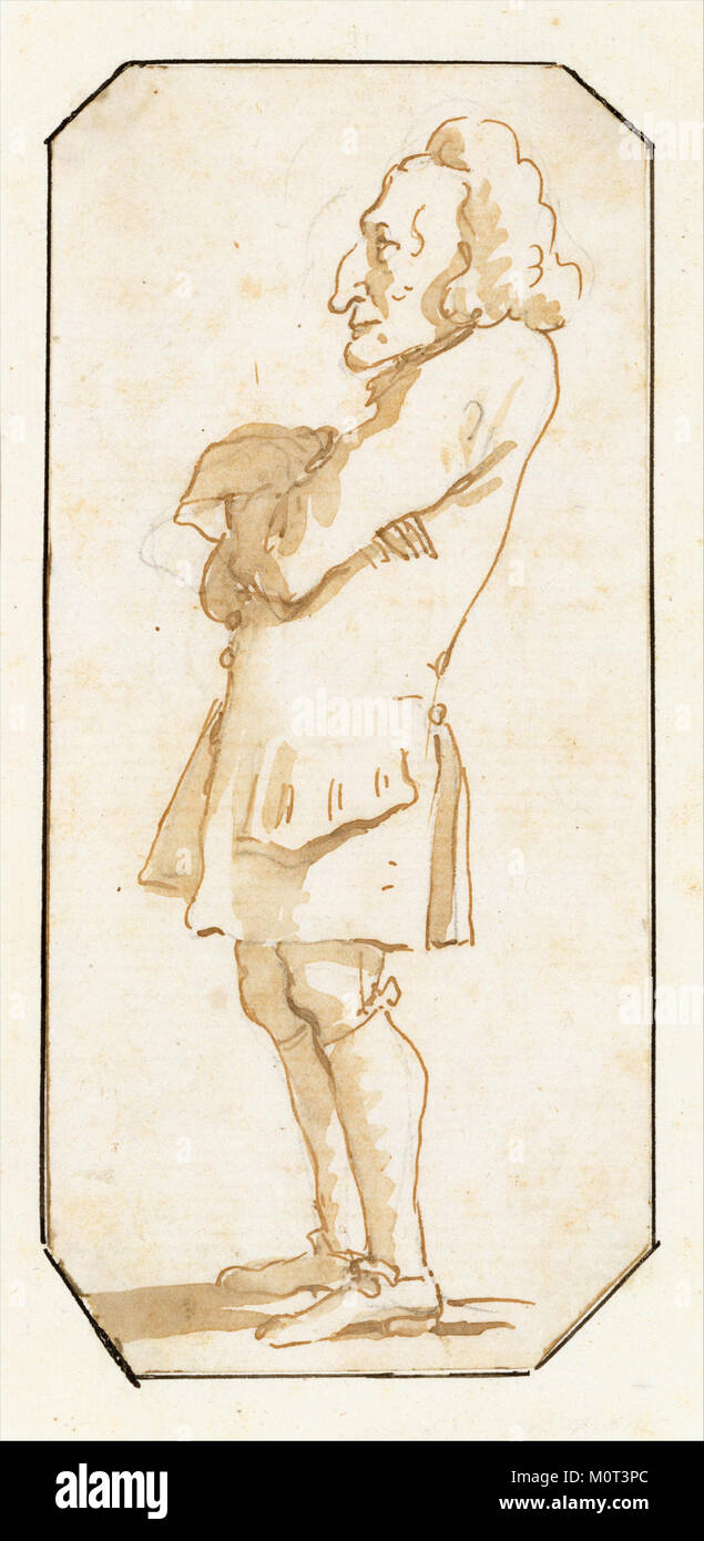 Questa caricatura illustra un uomo con le braccia piegate, raffigurato in profilo. Le caratteristiche esagerate riflettono la natura umoristica e satirica dell'opera. Foto Stock