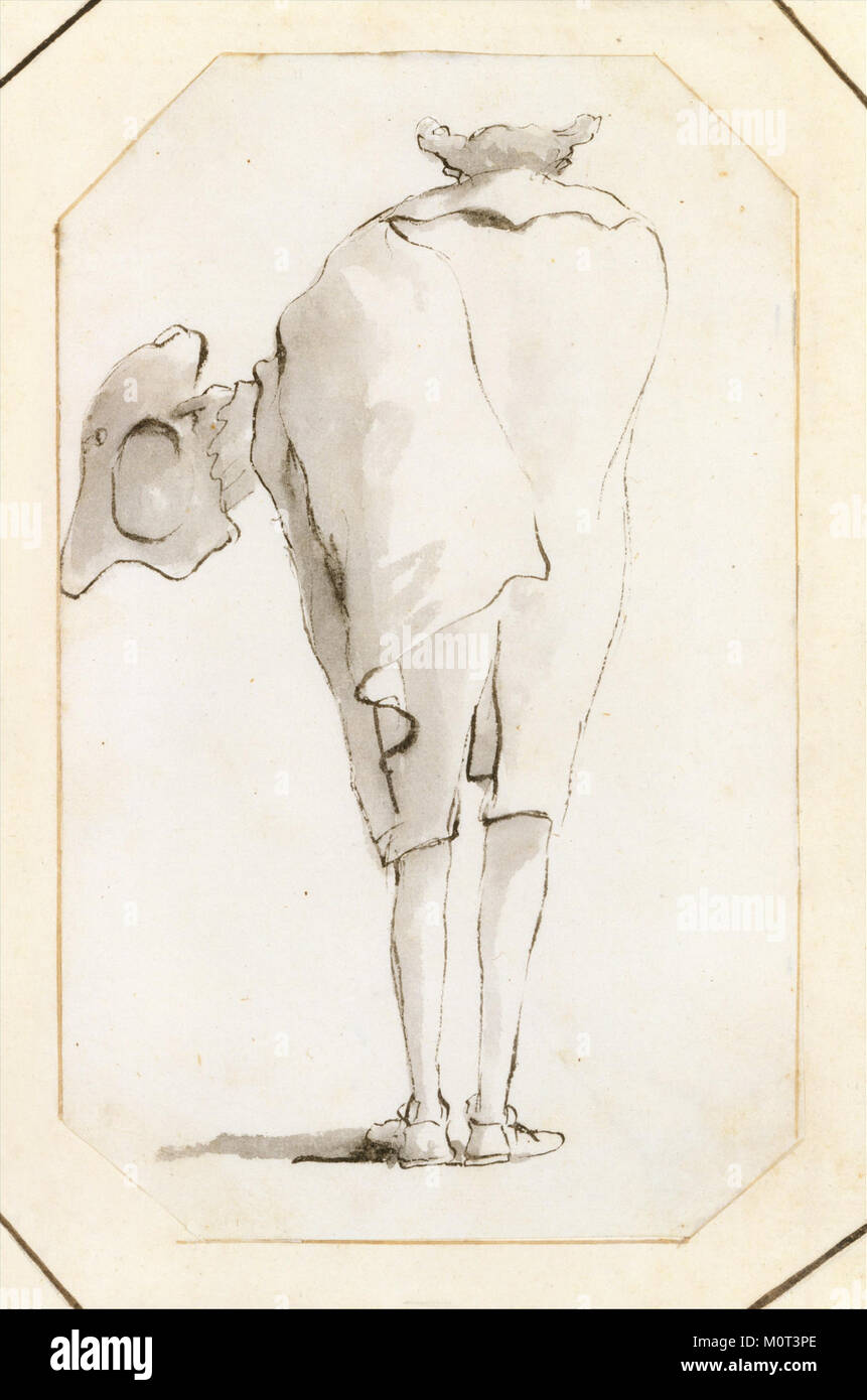 Questa caricatura raffigura un uomo che indossa un cappello tricorne, disegnato da dietro. L'opera d'arte, conservata dal MET, mette in risalto la distintiva moda del XVIII secolo e le caratteristiche esagerate tipiche dell'arte caricaturale di quell'epoca. Foto Stock