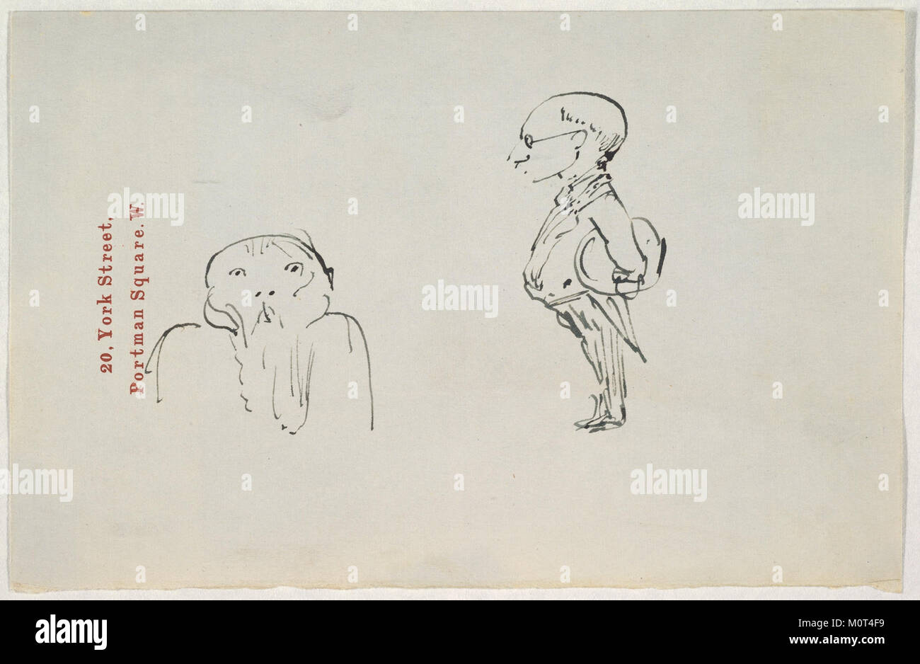 Questa caricatura, forse raffigurante Edward Burne-Jones, è un'illustrazione satirica con due uomini, che mostra lo stile unico dell'artista e la rappresentazione umoristica dei suoi soggetti. Foto Stock