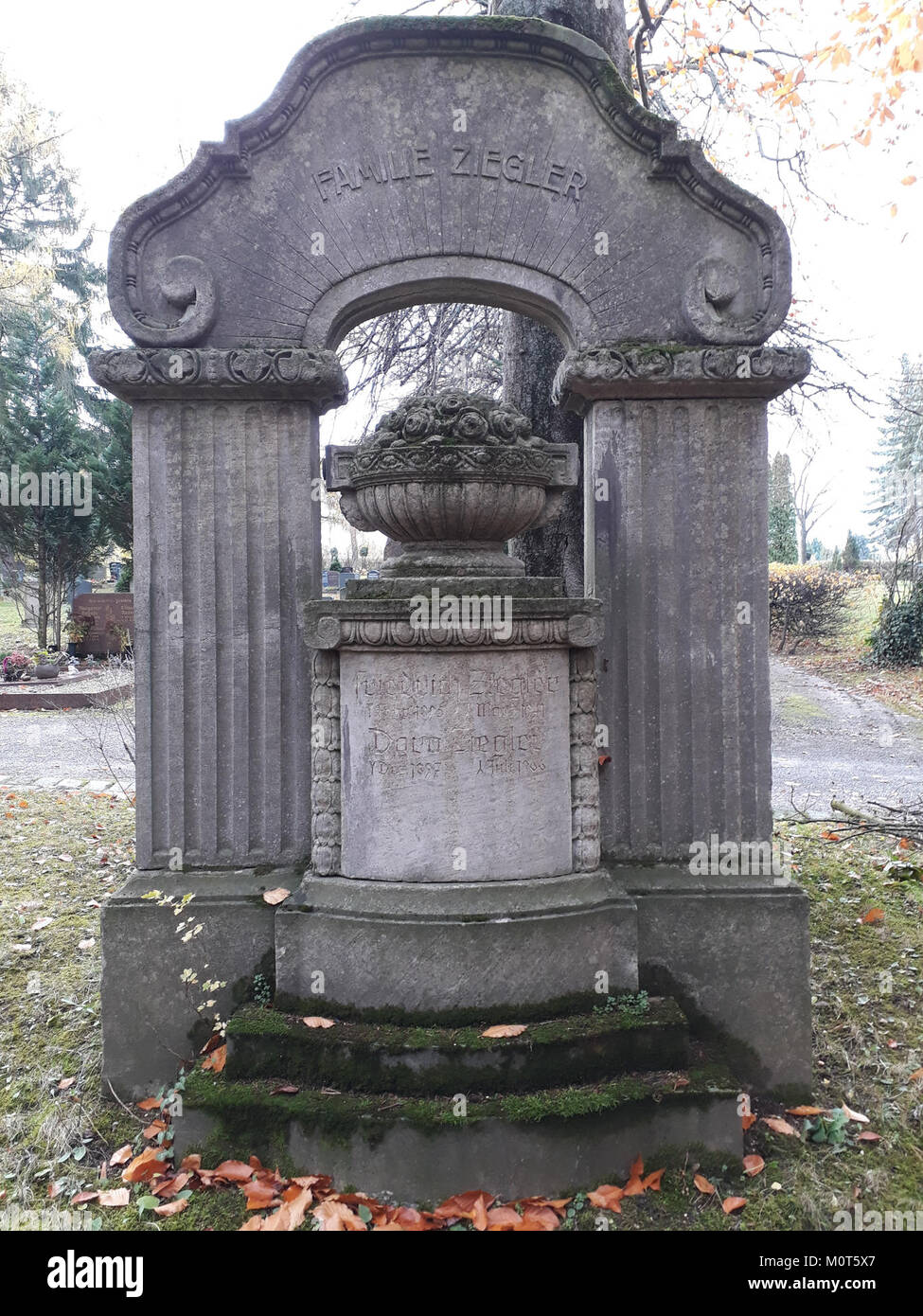 Una fotografia di un cimitero situato ad Apolda, Germania, identificato come numero 27, che cattura la disposizione e le lapidi all'interno del sito. Foto Stock