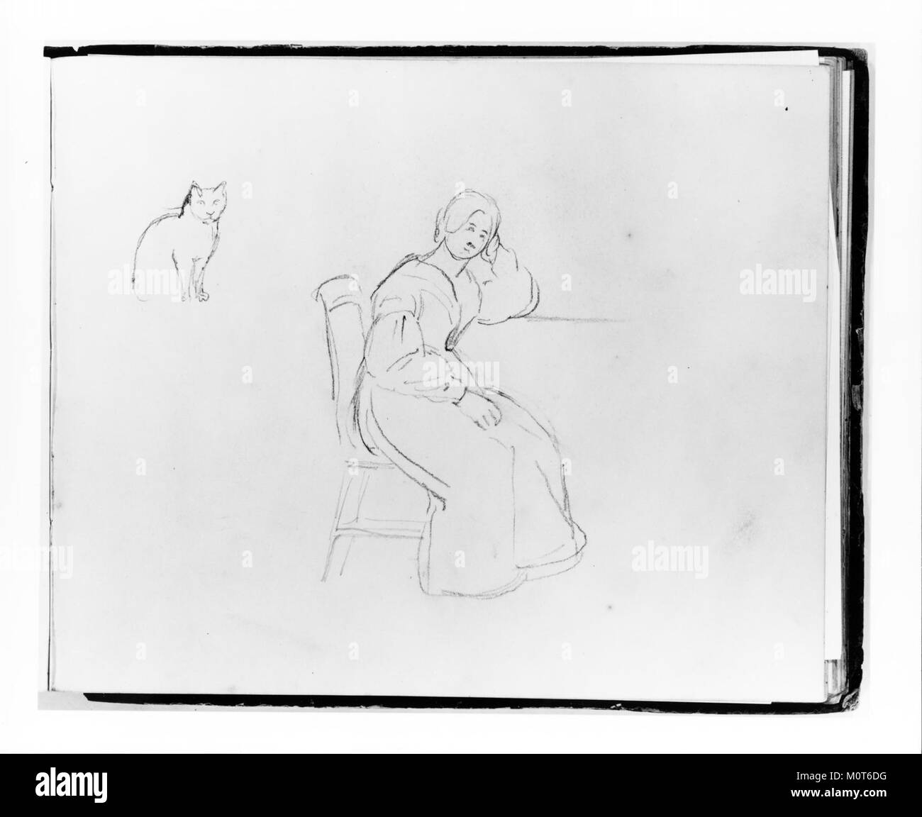 Questo disegno, intitolato "Cat; Seated Woman Leaning on a Table or Ledge", è un esempio di esplorazione artistica, che unisce forme umane e animali. Offre una visione del processo e della tecnica di schizzo dell'artista. Foto Stock