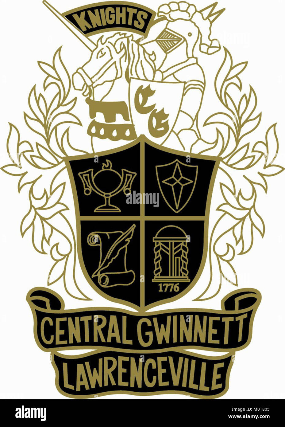 Lo stemma di Central Gwinnett simboleggia l'identità e l'orgoglio della Central Gwinnett High School, situata a Lawrenceville, Georgia. Rappresenta il patrimonio, i valori e le tradizioni della scuola all'interno della comunità della contea di Gwinnett. Foto Stock